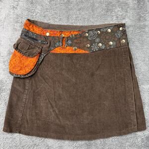 Jayli Mini Skirt Boho Wrap Festival Rave Brown Adjustable Snap Waist Corduroy